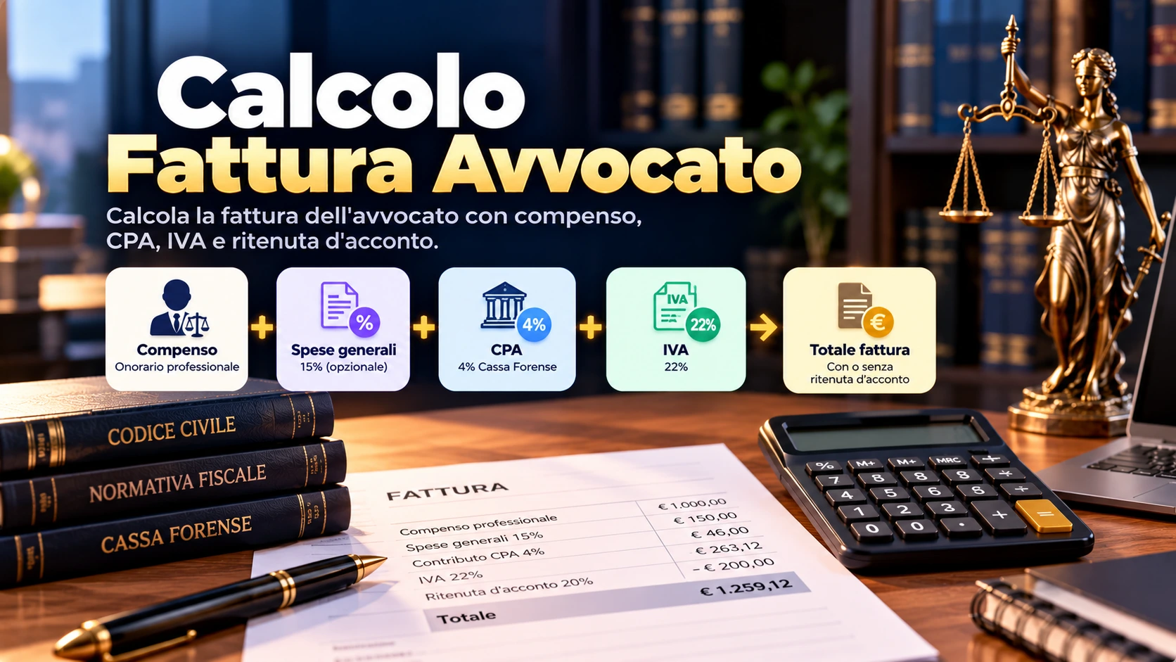 Calcolo fattura avvocato con compenso, spese generali, CPA e IVA