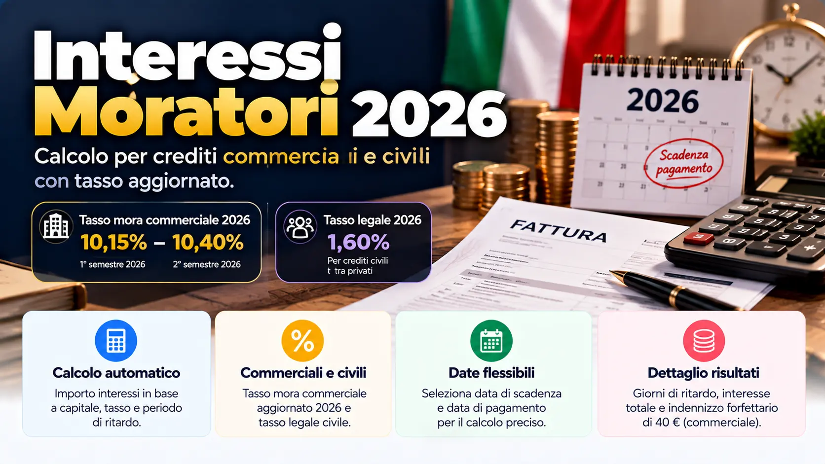 Calcolo interessi moratori 2026 per crediti commerciali e civili